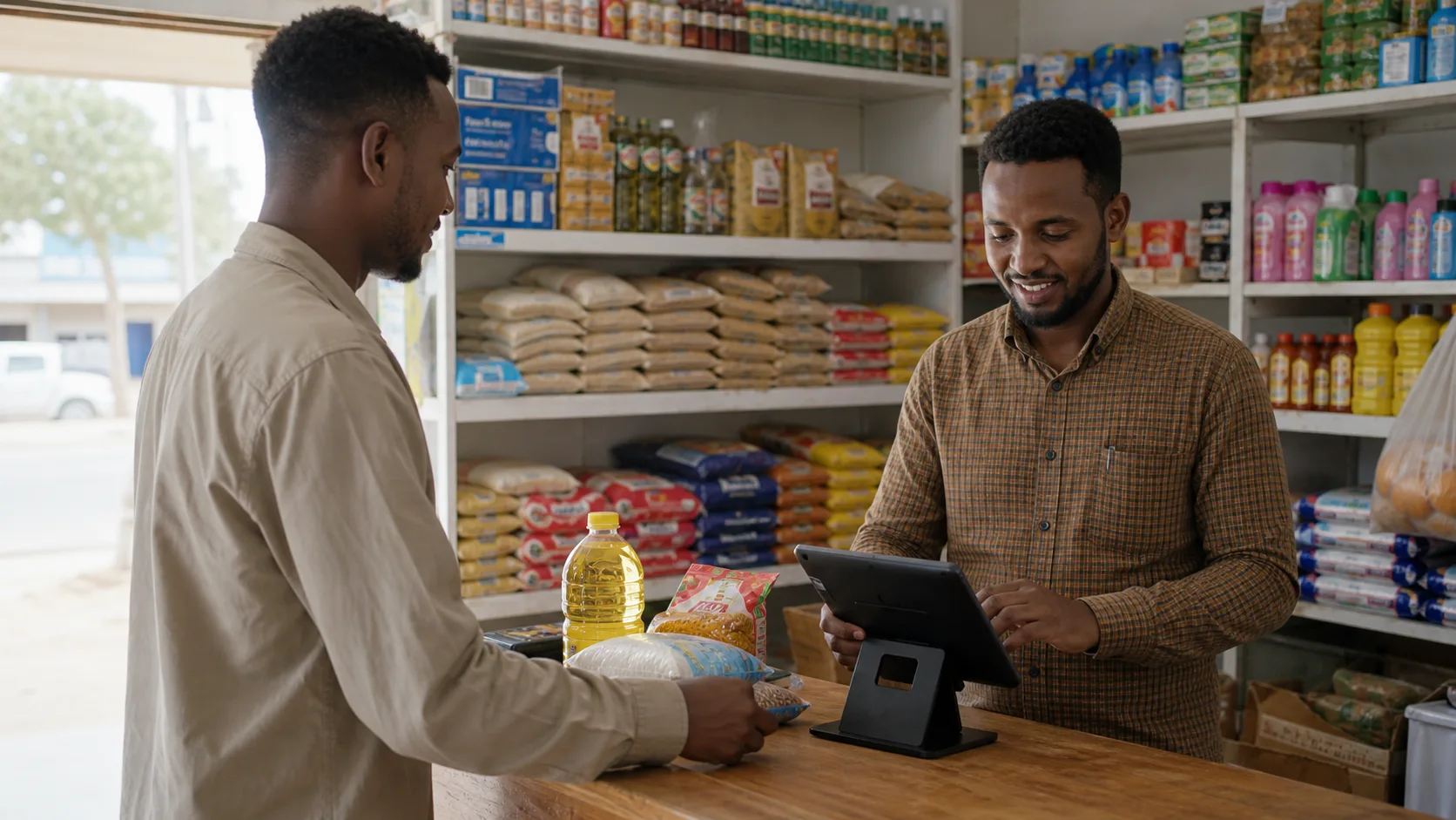 Somali market owner completing a sale with a tablet POS